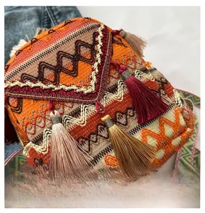 Close-up of Bohemian embroidered bag with colorful tassels and intricate geometric patterns