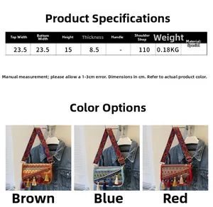 Guide des tailles pour sacs bandoulière à franges avec dimensions et couleurs