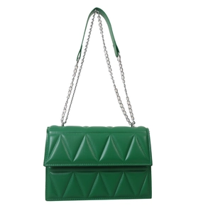 Green quilted shoulder bag with triangle pattern and silver chain strap on white background