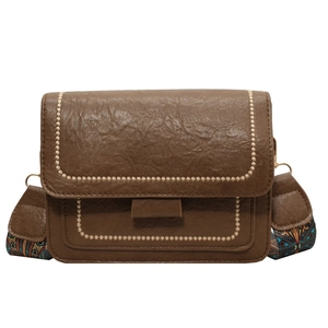 Retro dark brown crossbody bag with wide jacquard strap and embroidered flap details
