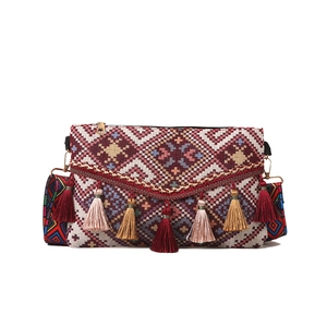 Ethnic knit crossbody bag with vibrant geometric patterns and colorful fringe tassels