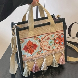 Ethnic Embroidery Linen Handbag Bohemian Tassel Shoulder Bag Crossbody Purse For Women Vintage Floral Casual