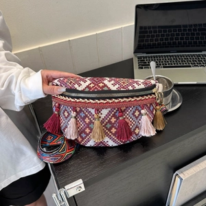 Sac Banane Tissé Ethnique Bohème pour Femmes Gland Coloré Jacquard Sac de Poitrine avec Large Bandoulière Sacoche de Voyage