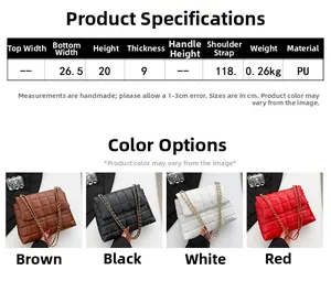 Tableau des tailles et quatre options de couleurs pour le cabas matelassé en cuir PU