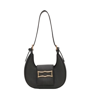 Minimalist black half-moon shoulder bag with matte leather and golden metal buckle
