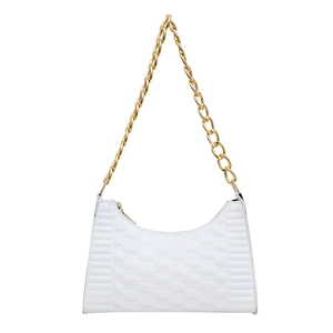 Chic white crescent underarm bag with geometric texture and gold chunky chain strap