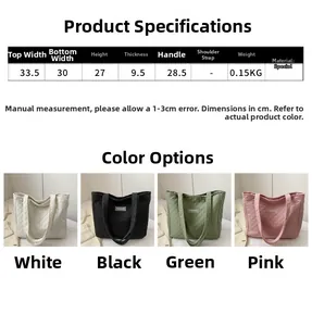 Size chart and dimensions guide for quilted tote bag in white black green and pink
