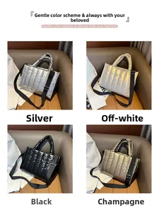 Detailed grid view of quilted puffer tote bags in silver, off-white, black and champagne