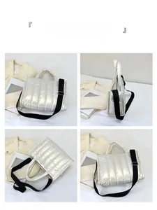 Multi-angle view of metallic quilted tote bag showing silver puffy stripes and nylon strap