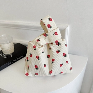 Women Strawberry Print Corduroy Knot Handbag Japanese Style Sweet Soft Small Tote Bag Casual Wrist Bag For Daily Shopping