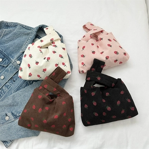 Minimalist corduroy tote bag with strawberry pattern in four colors for daily commute