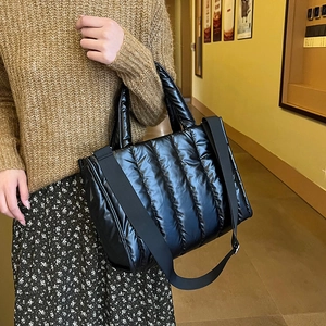 Women Quilted Puffer Tote Bag Metallic Glossy Space Cotton Crossbody Handbag Padded Shoulder Bag Winter Fashion Large Capacity