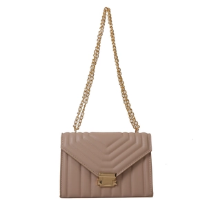 Beige quilted flap shoulder bag with gold chain strap and metallic buckle closure