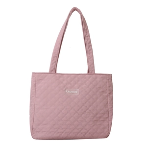 Pink quilted tote bag with fashion label, lightweight shoulder bag for women commuting