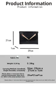 Close-up of black crocodile pattern clutch with gold V-metal trim and size details