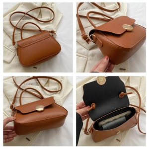 Detailed views of the brown vintage box bag showing strap, lock, and interior space