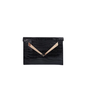 Minimalist black crocodile pattern envelope clutch bag with V-shaped gold metal trim