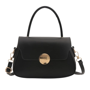 Classic black leather half-moon handbag with gold metal clasp and top handle