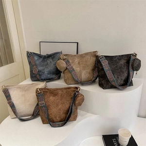 Minimalist large tote bag with bohemian wide strap and matching round coin purse in five colors