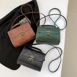 Vintage PU leather mini square handbags with retro locks and embossed floral details