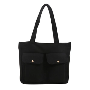 Large capacity black canvas tote bag with front pockets and golden snaps for women
