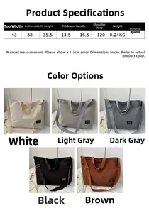 Detailed size chart and multi-color corduroy tote bag options in five neutral shades