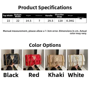 Size chart showing 22x14.5x7cm dimensions for this quilted chain shoulder bag