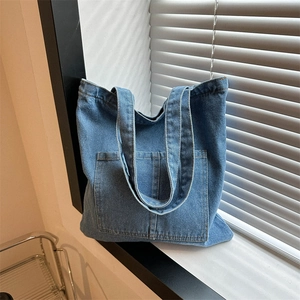 Sac Fourre-tout en Toile Denim Pour Femmes Grande Capacité Sac à Épaule Streetwear Avec Surpiqûres Contrastées Sac à Main en Coton Lavé