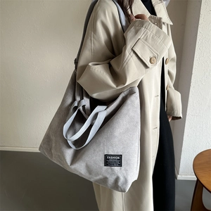 Light gray corduroy tote bag with Fashion Instinct patch and large capacity for women
