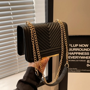 Classic black V-quilted small square bag with gold chain strap and metal bar detail