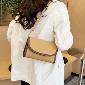 Women Crossbody Bag PU Leather Litchi Texture Woven Shoulder Strap Minimalist Contrast Edging Winter Fashion Elegant Purse