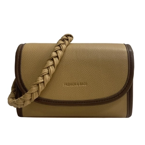Minimalist khaki lychee pattern leather shoulder bag with a woven handle and embossed logo