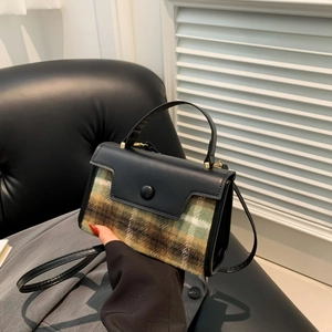 Vintage Plaid Wool Patchwork Shoulder Bag For Women Retro PU Leather Top Handle Crossbody Handbag Adjustable Strap Gold