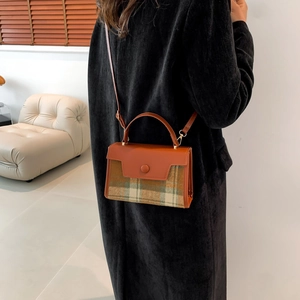 British retro plaid wool handbag for women featuring brown leather and crossbody strap