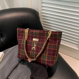 Sac Tote Vintage en Laine à Carreaux Avec Chaîne Dorée et Pendentif Cerf Sac à Épaule Mode pour Femmes