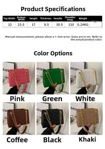 Detailed size specifications and color comparison of the quilted chain shoulder bag