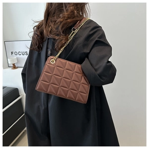 Brown quilted crossbody bag with golden chain strap shown on model in minimalist interior