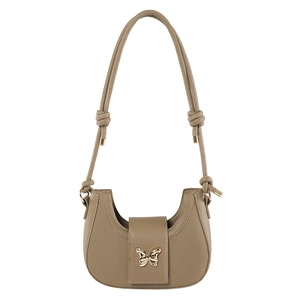 Elegant khaki half-moon shoulder bag with golden butterfly buckle and knotted rope strap