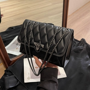 Women Diamond Quilted Chain Shoulder Bag Fashion PU Leather Small Square Crossbody Bag With Metal Lock Rivet Decor