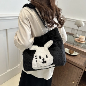 Large capacity black fuzzy tote bag with cute white rabbit cartoon embroidery for winter