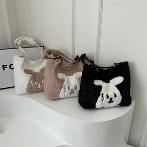 Furry tote bags with cartoon rabbit patches in white, coffee and black plush styles