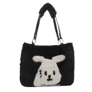 Large fuzzy tote bag in black faux fur with cute white rabbit patch and leather straps
