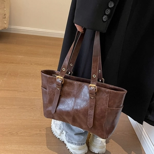 Vintage dark brown large capacity faux leather tote bag with adjustable gold buckle straps