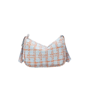 Blue and orange tweed plaid crescent shoulder bag with metallic silver zipper closure