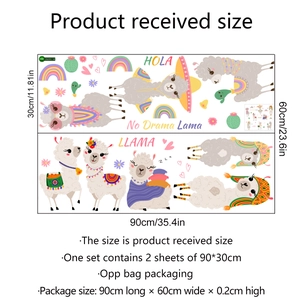 Detail view of 2-sheet Llama and Rainbow wall decal set showing dimensions 90x30cm