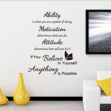 Detail eines schwarzen Wandtattoos mit Inspirationszitat und Schmetterlingsmotiv