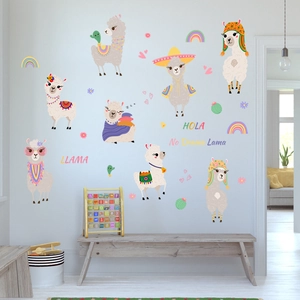 Cartoon llama wall stickers set with rainbow and cactus for nursery wall decoration