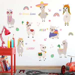 Cartoon alpaca wall stickers with rainbow and llama design for nursery and kid room decor