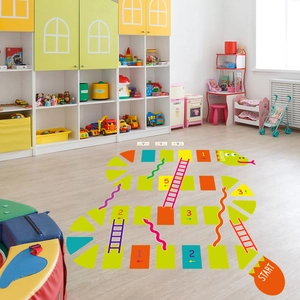 Macro detail of cartoon snake game floor decal with numbers and ladders for kids