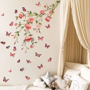 Adesivi murali con rose rosa e farfalle per la decorazione della parete della camera